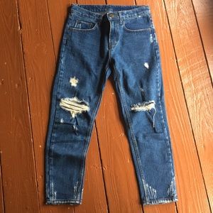 trendy blue ripped jeans: brand is “Royal Cheese”